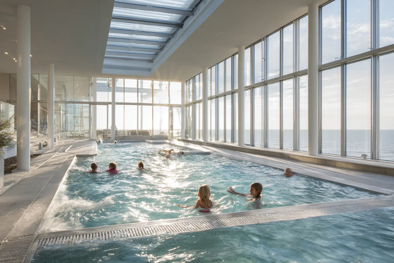 Menschen entspannen in einem Innenpool mit Meerblick, Norderney Badehaus.